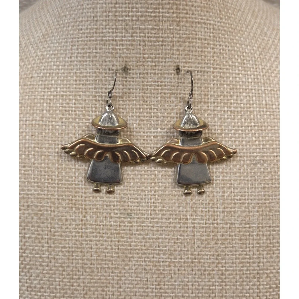 Large Vintage Sterling Silver Mixed Metals Angel Dangle‎ Earrings 925